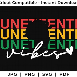 Peut inclure: Graphique noir avec les mots "JUNE" et "ENTH" superposés en rouge, jaune et vert, avec une silhouette de l'Afrique au centre. Le mot "vibes" est écrit en blanc, avec un cœur blanc. L'image comprend également des options de type de fichier.