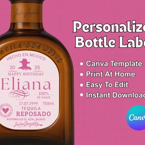 Don Julio gepersonaliseerd label, roze custom Don Julio tequila label mini, aangepast Reposado-label, aangepaste verjaardagslabels, canvassjabloon, geschenken