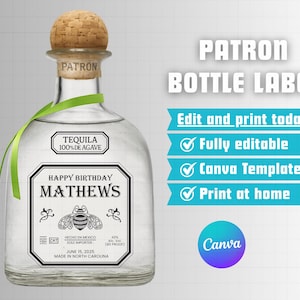 Patron Custom Canva Label, personalisiertes Patron Tequila Label, Patron Silber Tequila Etikett, Tequila Geschenke für, Geburtstag Etikett, Hochzeitsetiketten