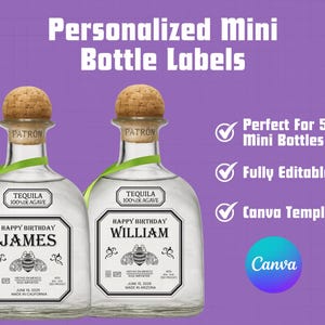 パトロンカスタムテキーラミニラベル、パーソナライズされたCanvaボトルラベル、カスタムパトロンテキーラギフト、誕生日ラベル、結婚式の記念品、パーティーラベル