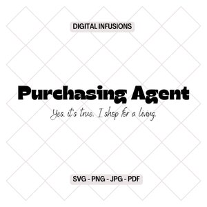 May include: Black and white text graphic that reads "Purchasing Agent" with the tagline "Yes, it's true. I shop for a living."  The text is in a bold, blocky font.  The graphic is on a white background with a gray grid pattern.