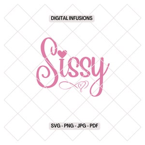 May include: Pink cursive text that reads "Sissy" with two small pink hearts. The text is on a white background with a grid pattern.