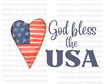 May include: A watercolor illustration of a heart-shaped American flag with the text "God bless the USA" in blue lettering.