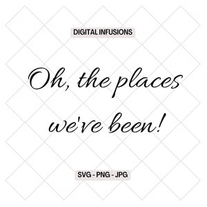 Könnte beinhalten: Schwarz-weißer Kalligraphie-Text mit der Aufschrift "Oh, the places we've been!" mit den Wörtern "DIGITAL INFUSIONS" und "SVG - PNG - JPG" in kleinerer Schrift darunter.