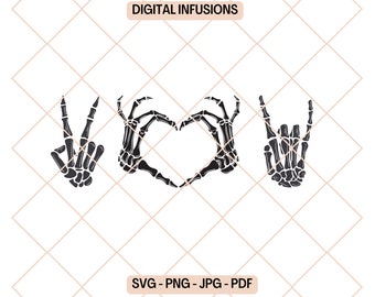 Peace, Love, Rock, Skeleton Hands SVG & PNG Files for Cutting, Sublimation and Print
