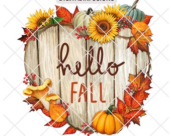 Hello Fall, Heart Shaped Fall Digital Design Files for Sublimation & Print