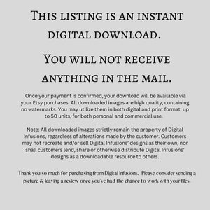 Puede incluir: Texto sobre un fondo blanco que dice: "Esta lista es una descarga digital instant&aacute;nea. No recibir&aacute;s nada por correo." El texto a continuaci&oacute;n explica que la descarga digital est&aacute; disponible despu&eacute;s de que se confirme el pago y que las im&aacute;genes son de alta calidad y se pueden utilizar para uso personal y comercial. El texto tambi&eacute;n establece que las im&aacute;genes son propiedad de Digital Infusions y que los clientes no pueden recrearlas ni venderlas.