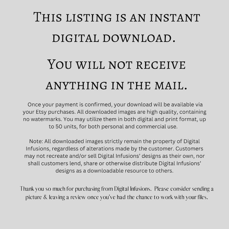 Puede incluir: Texto sobre un fondo blanco que dice: "Esta lista es una descarga digital instant&aacute;nea. No recibir&aacute;s nada por correo." El texto a continuaci&oacute;n explica que la descarga digital est&aacute; disponible despu&eacute;s de que se confirme el pago y que las im&aacute;genes son de alta calidad y se pueden utilizar para uso personal y comercial. El texto tambi&eacute;n establece que las im&aacute;genes son propiedad de Digital Infusions y que los clientes no pueden recrearlas ni venderlas.