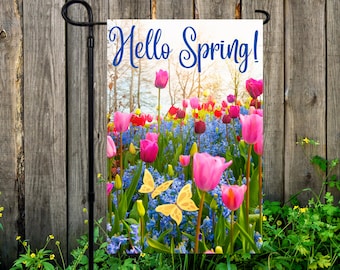 Hello Spring, Tulips, Downloadable 12" x 18" Printable Garden Flag Design PNG