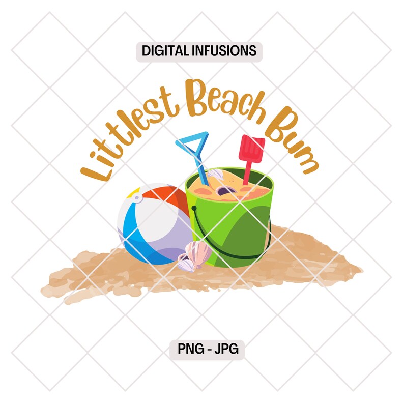 Littlest Beach Bum, featuring a beach ball and bucket of sand, sitting on the sand.