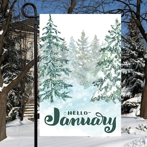 Hallo januari, feestelijk 12 x 18 wintertuinvlag sublimatieontwerp, Instant Download PNG-bestanden voor sublimatie en afdrukken