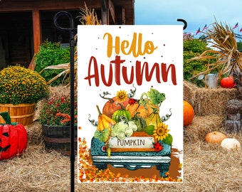 Hello Autumn, 12 x 18 Fall Garden Flag Sublimation Design, PNG Files