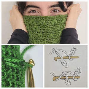 Może przedstawiać: Zielony szydełkowy komin z teksturowanym wzorem, częściowo zakrywający twarz osoby. Obraz przedstawia również zbliżenie szydełka i przędzy, a także schemat ilustrujący ściegi szydełkowe.