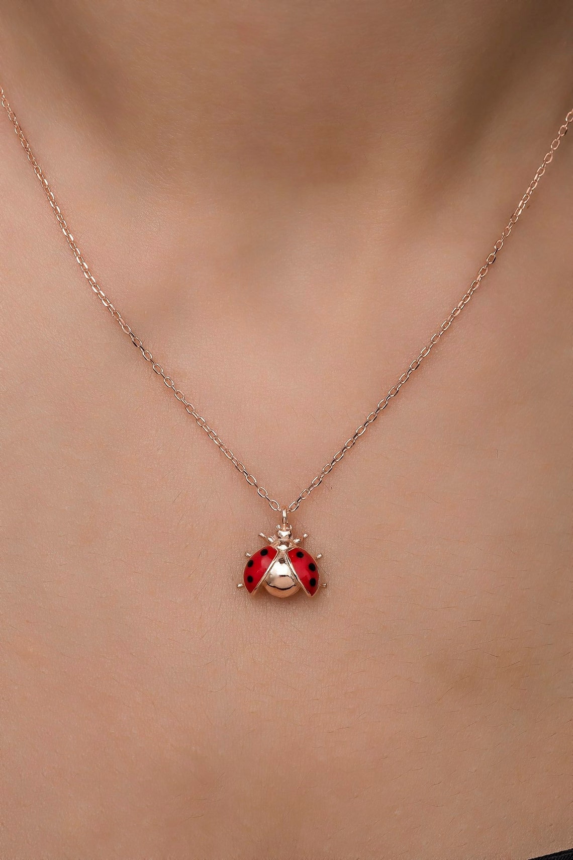 925 Sterling Silver Rose Gold Ladybug Necklace, Ladybug Necklace, Gold