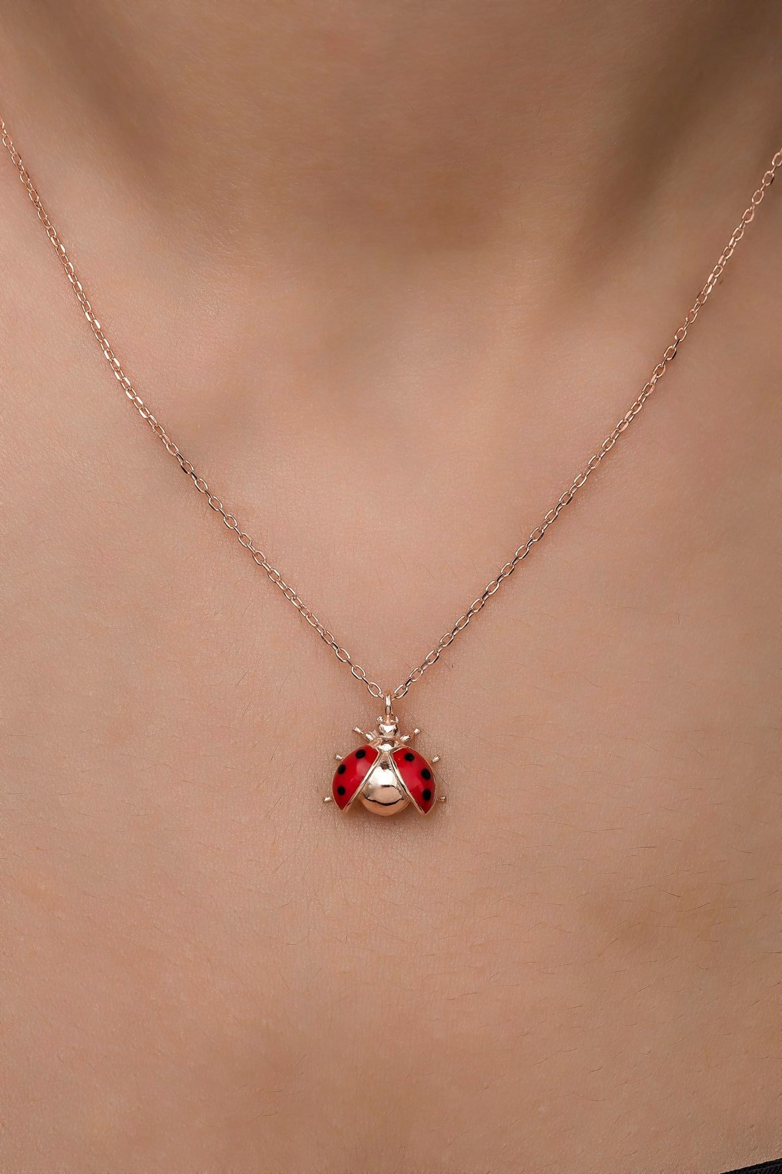 925 Sterling Silver Rose Gold Ladybug Necklace, Ladybug Necklace, Gold