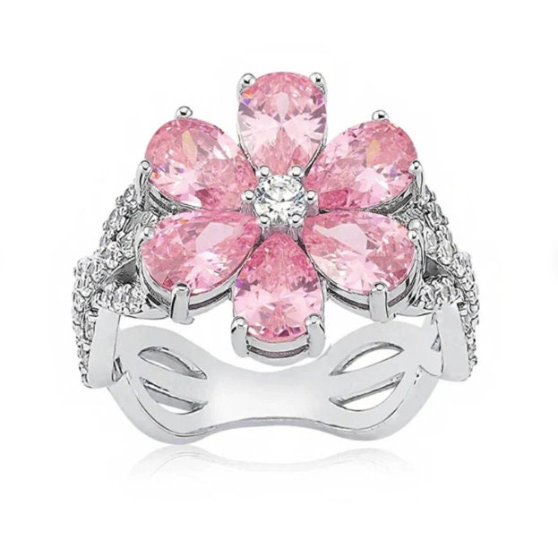 925 Sterling Silver Pink Flower Ring of Hande Ercel CZ - Etsy