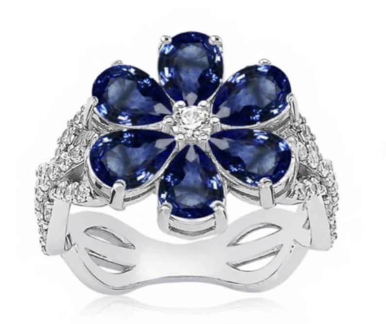 925 Sterling Silver Blue Flower Ring of Hande Ercel, 4 Carat CZ