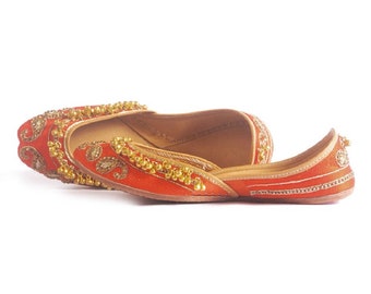 Orange Color Handmade Pure Leather Jutti with Ghungroo