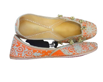 Fabulous Orange color Handmade Embroidery and Ghungroo Pure Leather Jutti444