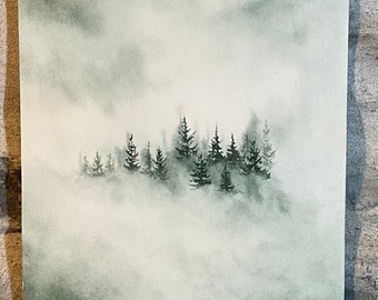 Handmade original abstract misty forest watercolour painting.