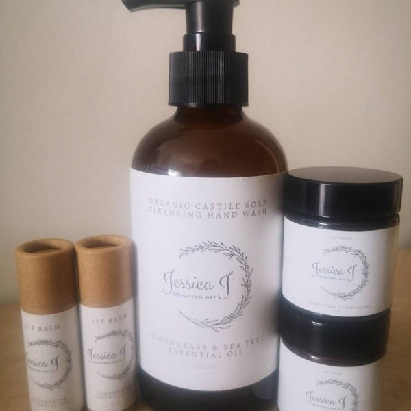 Natural Organic Castile Soap Cleansing Handwash Lemongrass & Tea Tree Essential Oil. 250ml recyclable Amber Glass Bottle -Handpoured Norfolk