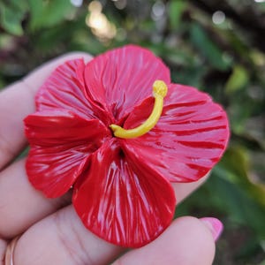 May include: A vibrant red hibiscus flower with a yellow stamen. The flower has detailed petals and a glossy finish. The image is a close-up, showcasing the flower's texture and color against a blurred green background.