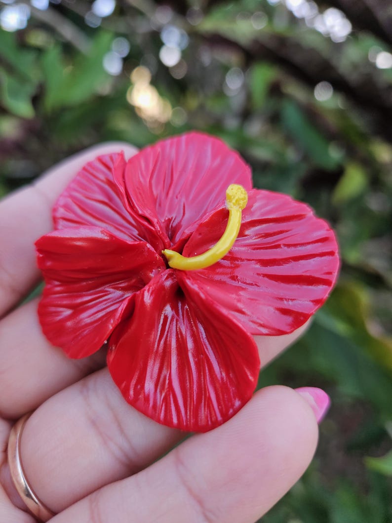 May include: A vibrant red hibiscus flower with a yellow stamen. The flower has detailed petals and a glossy finish. The image is a close-up, showcasing the flower's texture and color against a blurred green background.