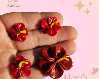 Puerto Rico - Flor de Maga- Maga Flower Stud Earrings – Handmade Polymer Clay Hibiscus – Tropical Red Floral Earrings
