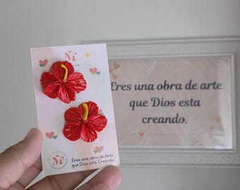Puerto Rico - Flor de Maga- Maga Flower Stud Earrings – Handmade Polymer Clay Hibiscus – Tropical Red Floral Earrings