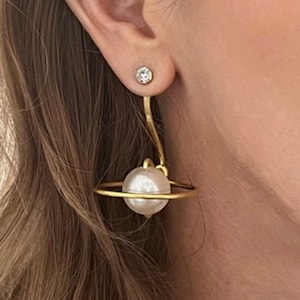 Pearl Saturn Earring Jackets Liz Fox Roseberry Handmade Jewelry Mix and Match Earrings Free Studs Gold and Silver Space Jewelry image 1