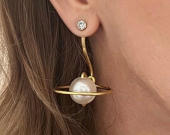 Pearl Saturn Earring Jackets - Liz Fox Roseberry - Handmade Jewelry - Mix and Match Earrings - Free Studs - Gold and Silver - Space Jewelry