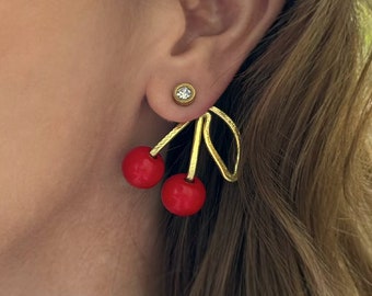 NIEUWE KLASSIEKE RODE Cherry Earring Jackets - Liz Fox Roseberry - Uniek - Handgemaakte sieraden - Lichtgewicht oorbellen - Mix en Match - Gratis studs