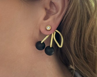 NEW MATTE BLACK Cherry Earring Jackets - Liz Fox Roseberry - Unique - Handmade Jewelry - Lightweight Earrings - Mix and Match - Free Studs