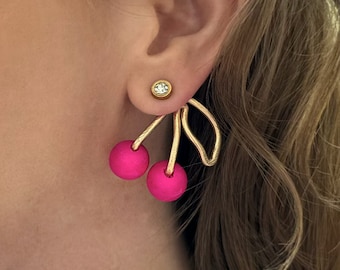 NEW HOT PINK Cherry Earring Jackets - Liz Fox Roseberry - Unique - Handmade Jewelry - Lightweight Earrings - Mix and Match - Free Studs