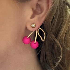 NEW HOT PINK Cherry Earring Jackets - Liz Fox Roseberry - Unique - Handmade Jewelry - Lightweight Earrings - Mix and Match - Free Studs