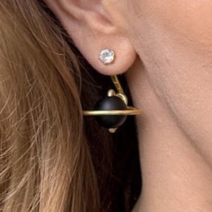 Matte Black Onyx Saturn Earring Jackets - Handmade Space Jewelry - Liz Fox Roseberry