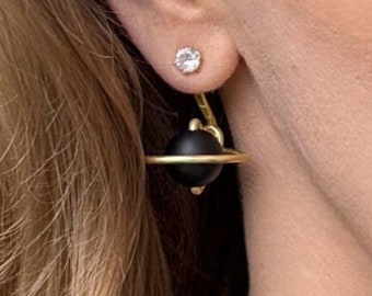 Matte Black Onyx Saturn Earring Jackets - Handmade Space Jewelry - Liz Fox Roseberry