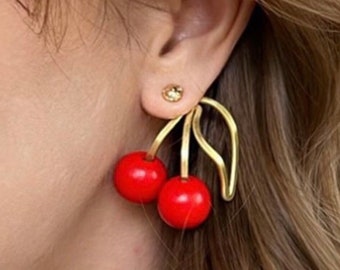 Original Red & Gold Cherry Earring Jackets - Liz Fox Roseberry - Unique Handmade Jewelry - Lightweight Earrings - Mix and Match - Free Studs