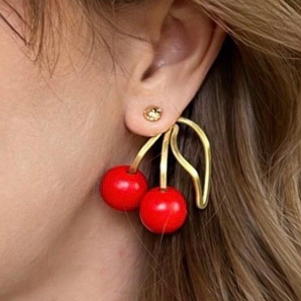 Original Red & Gold Cherry Earring Jackets - Liz Fox Roseberry - Unique Handmade Jewelry - Lightweight Earrings - Mix and Match - Free Studs