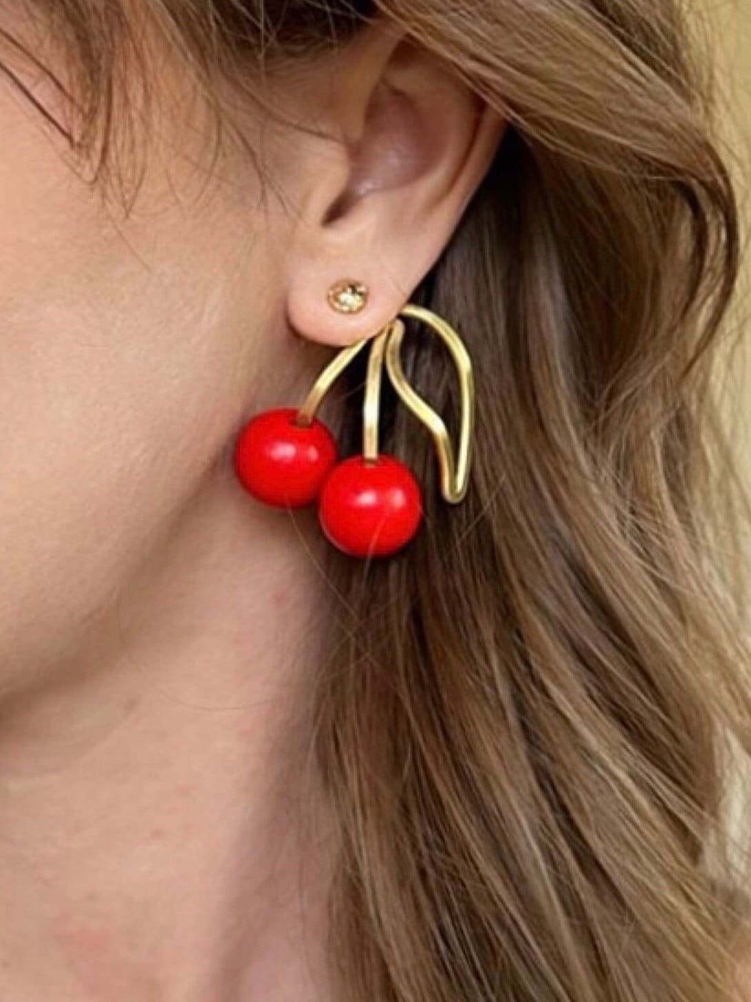 Kid's Sweet Enamel Cherry Screw Back Earrings in 14K Gold | Jewelry Vine