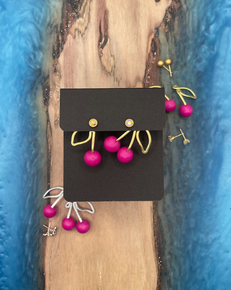 NEW HOT PINK Cherry Earring Jackets Liz Fox Roseberry Unique Handmade Jewelry Lightweight Earrings Mix and Match Free Studs image 4