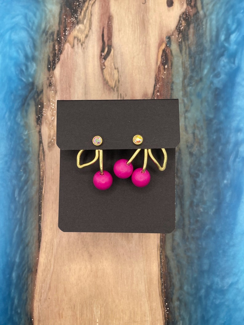 NEW HOT PINK Cherry Earring Jackets Liz Fox Roseberry Unique Handmade Jewelry Lightweight Earrings Mix and Match Free Studs image 5