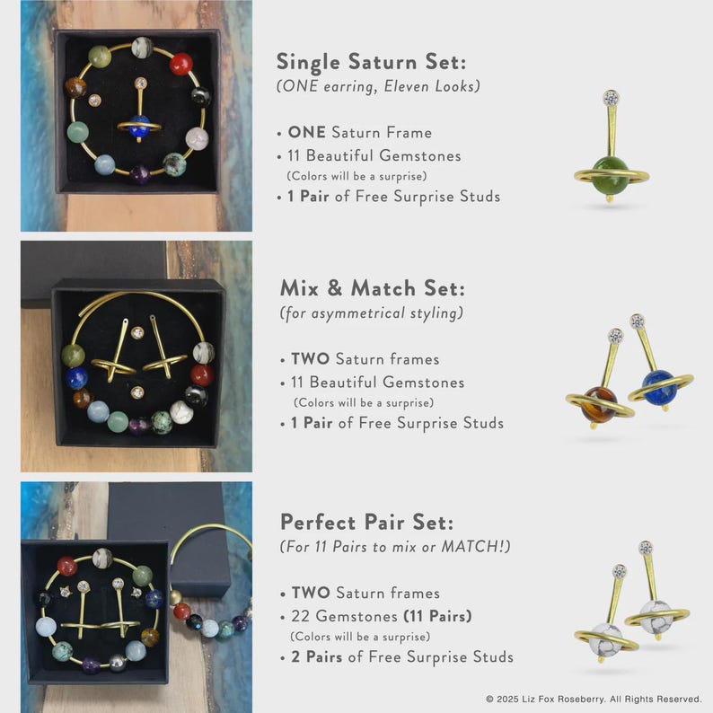 May include: Jewelry sets featuring gold-tone Saturn-shaped earrings with colorful gemstones. The image displays three sets: Single, Mix & Match, and Perfect Pair. Text on the image describes the sets, including the number of frames, gemstones, and surprise studs.