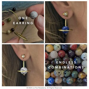 May include: A collage showcasing various earring designs. One image highlights a single earring with a marble-like bead. Other images feature earrings with gold accents and gemstone beads, including a blue planet design and a star-shaped stud. The text reads "ONE EARRING" and "ENDLESS COMBINATIONS".