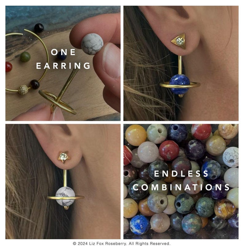 May include: A collage showcasing various earring designs. One image highlights a single earring with a marble-like bead. Other images feature earrings with gold accents and gemstone beads, including a blue planet design and a star-shaped stud. The text reads "ONE EARRING" and "ENDLESS COMBINATIONS".