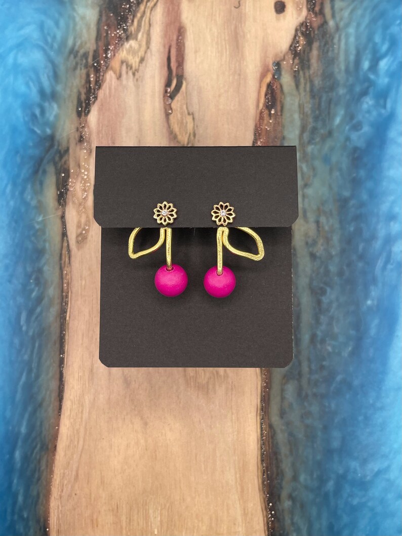 NEW HOT PINK Cherry Earring Jackets Liz Fox Roseberry Unique Handmade Jewelry Lightweight Earrings Mix and Match Free Studs Style 3