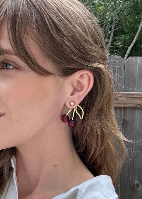 Burgundy Cherry Earring Jackets: Handmade Jewelry to Mix & Match, Asymmetrical - Liz Fox Roseberry™