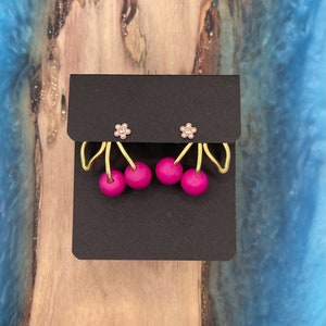 NEW HOT PINK Cherry Earring Jackets Liz Fox Roseberry Unique Handmade Jewelry Lightweight Earrings Mix and Match Free Studs Style 2