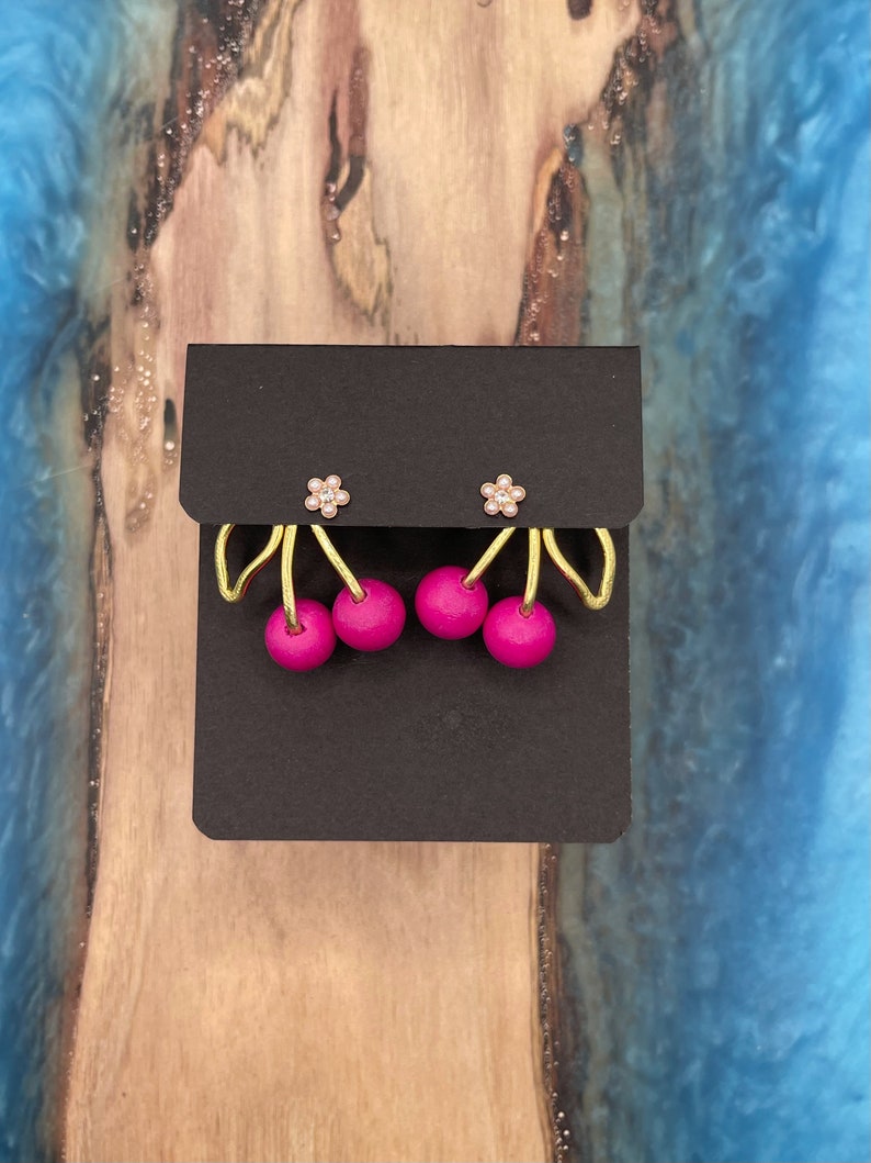 NEW HOT PINK Cherry Earring Jackets Liz Fox Roseberry Unique Handmade Jewelry Lightweight Earrings Mix and Match Free Studs image 7