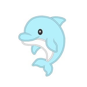Op de afbeelding: Een lichtblauwe cartoon dolfijn met een witte omtrek en een zwart oog. De dolfijn lacht en heeft een gebogen lichaam, met vinnen en een staart. De afbeelding staat op een witte achtergrond.
